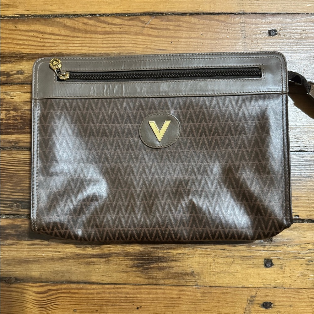 Valentino Monogram Clutch Bag Brown Leather